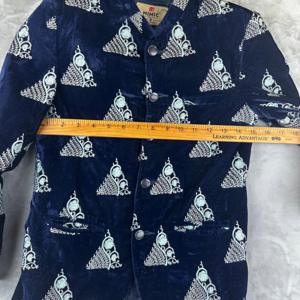 Mimic Velvet Blazer Kids Size‎ 9 Navy Blue Embroidered Mandarin Collar (1640)